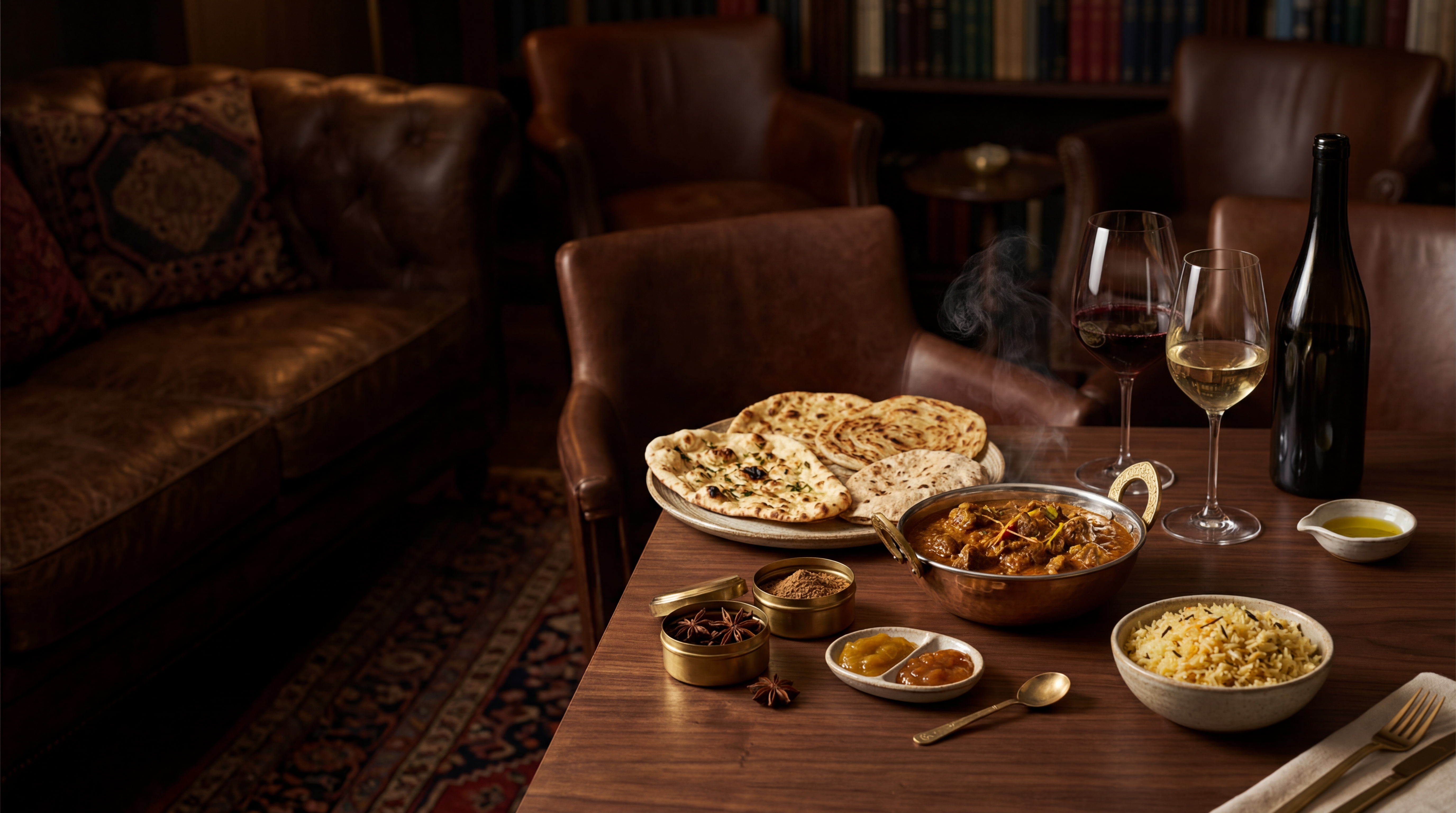 A richly plated Indian table setting lit like an editorial still life.